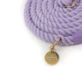 Load image into Gallery viewer, Purple braided dog leash with a gold tag on a white background