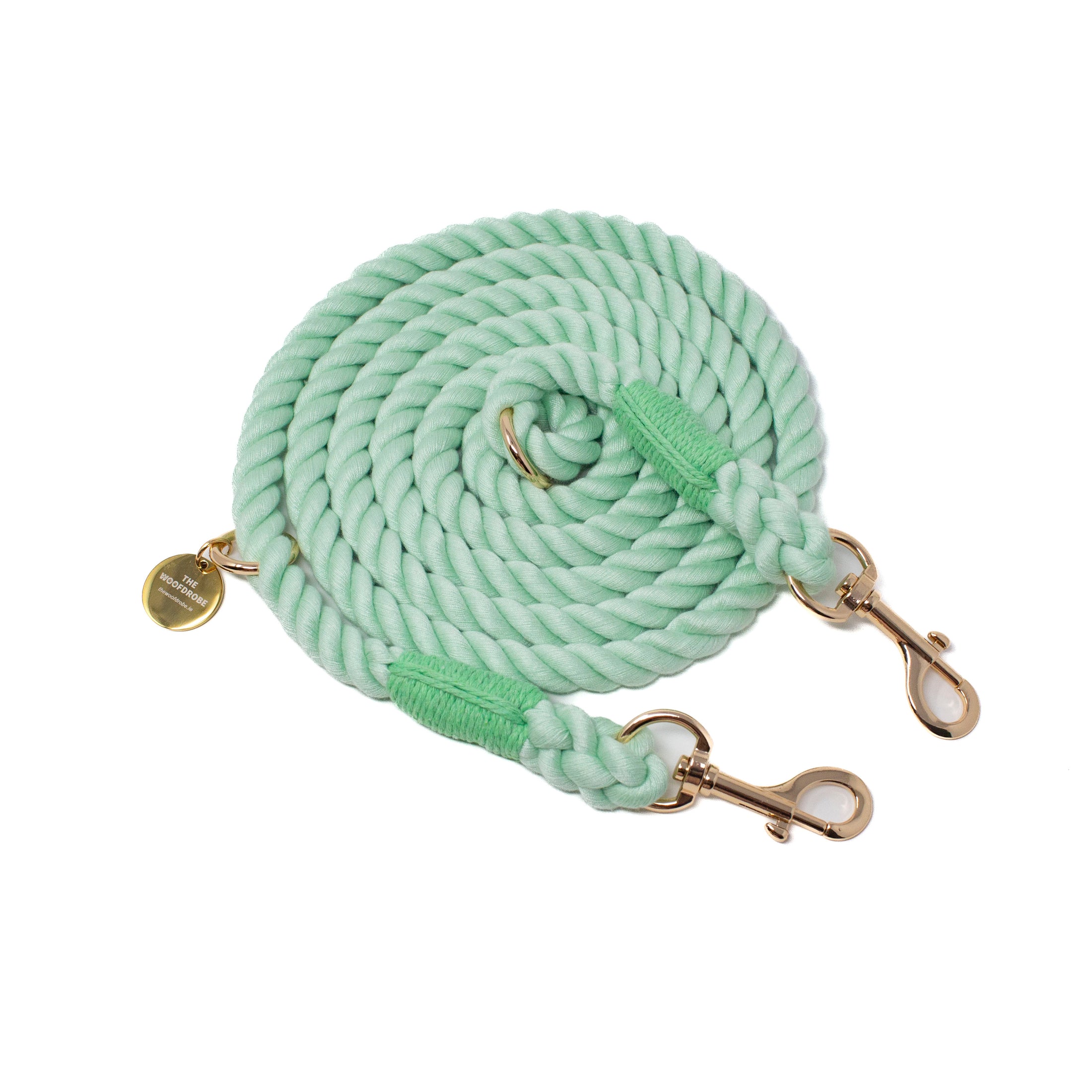 Light green rope dog leash with gold hardware on a white background