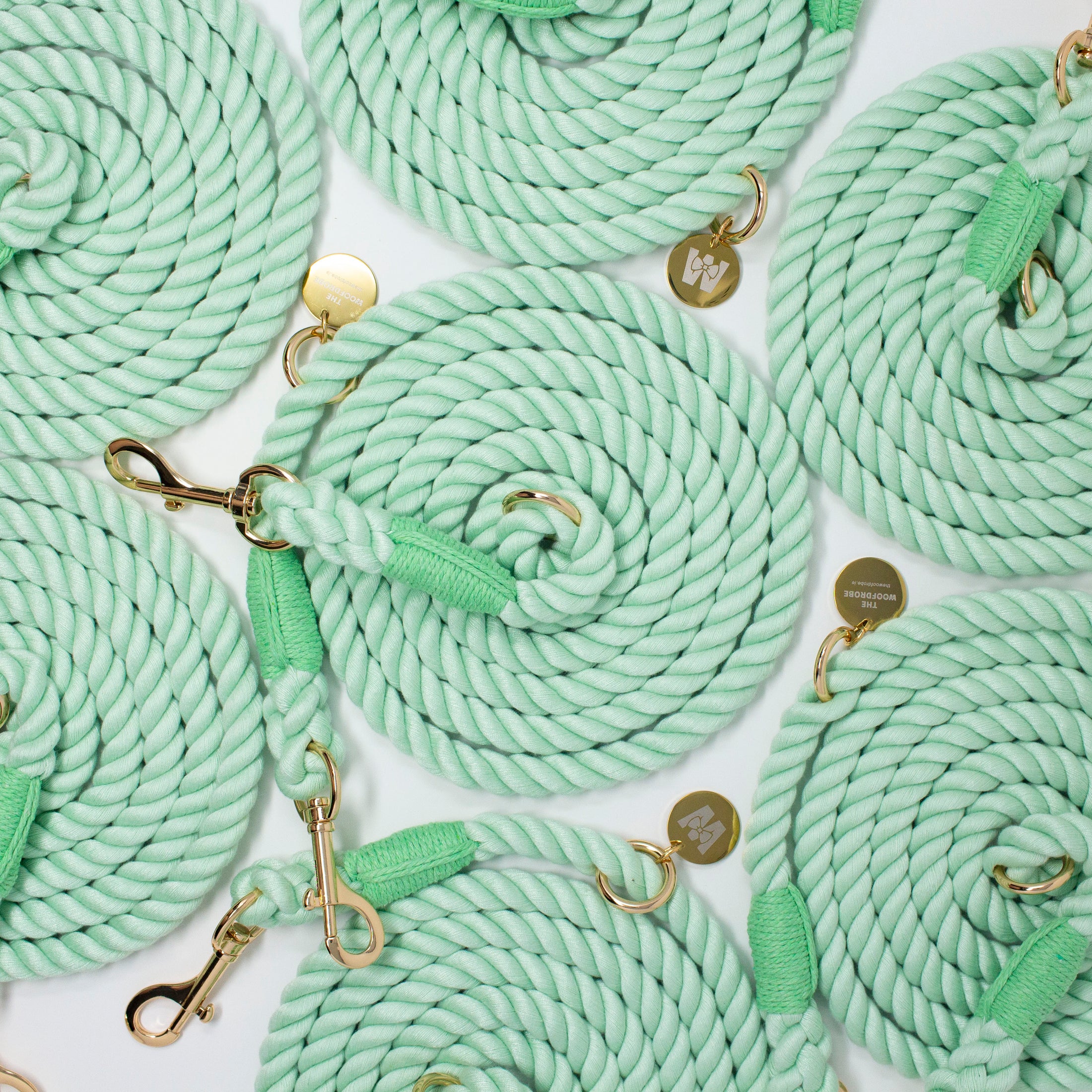 Multiple green rope dog leashes with gold hardware on a white background