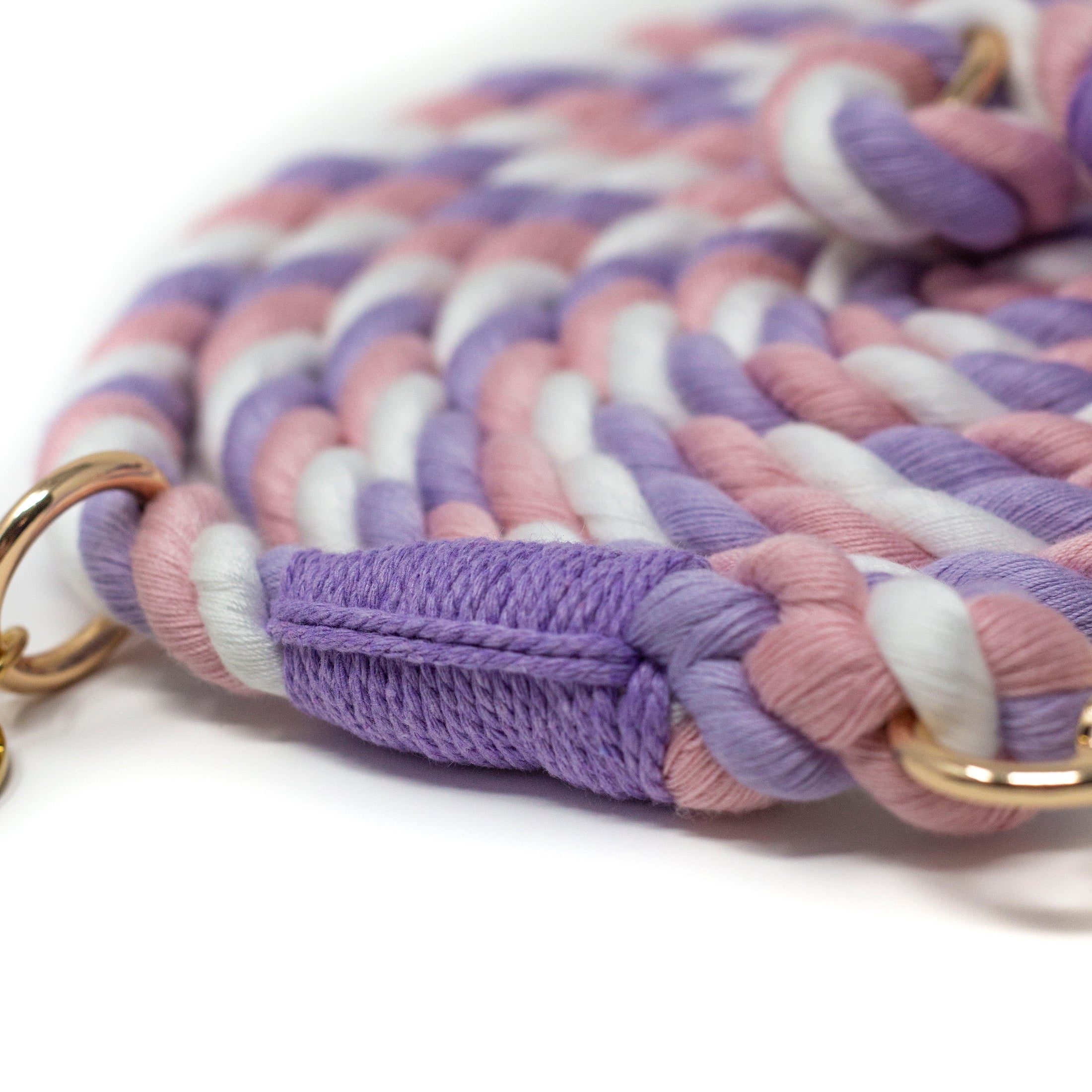 Close-up of a braided rope lead with purple, pink, and white colours on a white background.