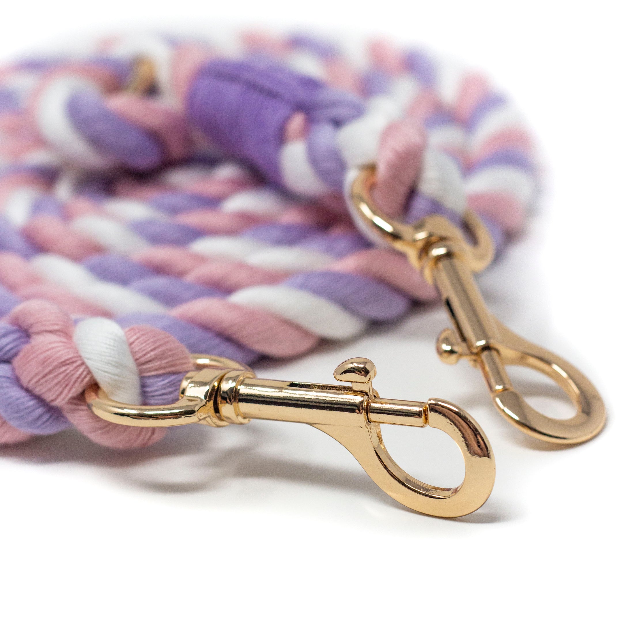 Multicolored rope leash with gold clasp on a white background