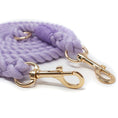 Load image into Gallery viewer, Gold hardware of a purple braided rope leash on a white background
