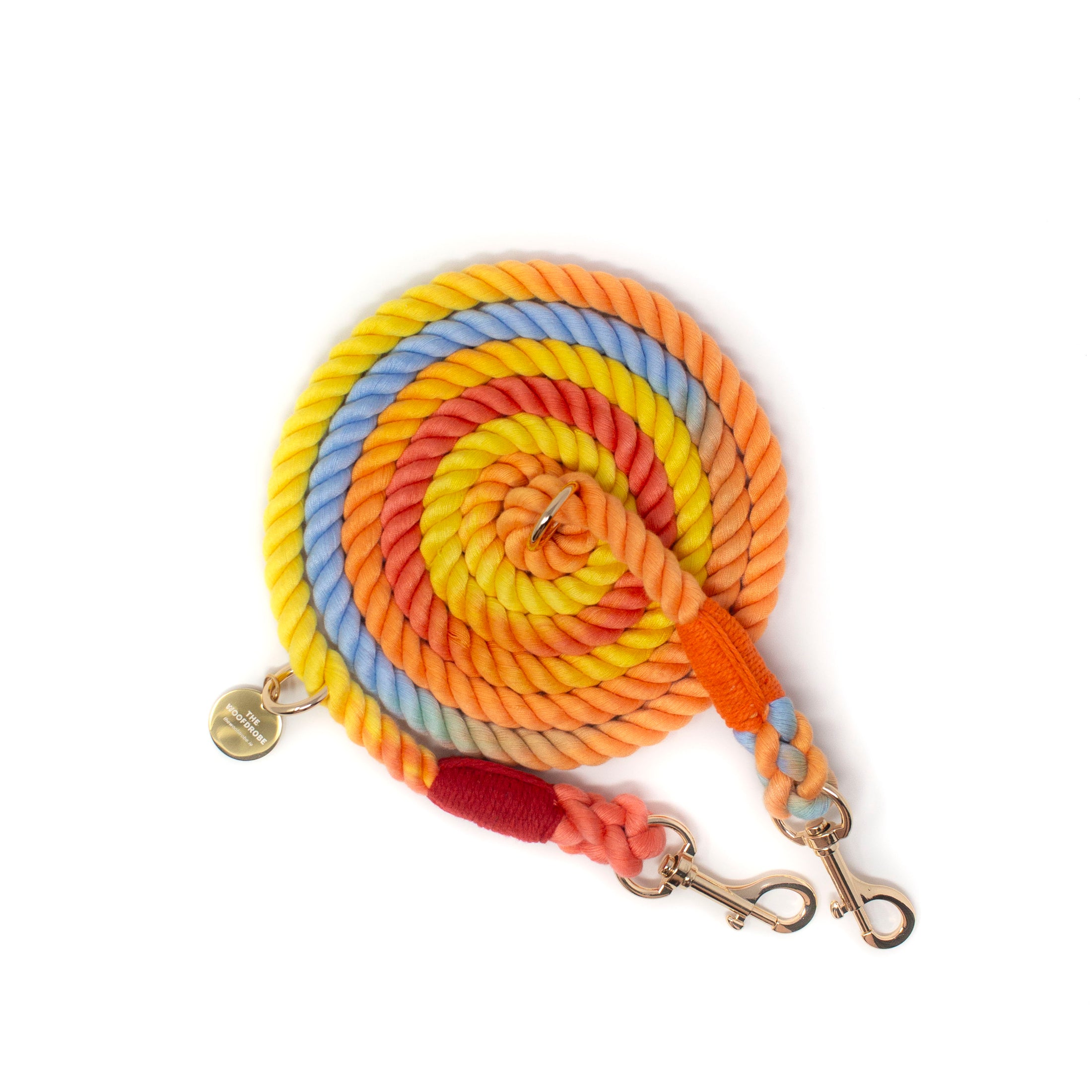 Multicoloured rope leash with gold hardware on a white background